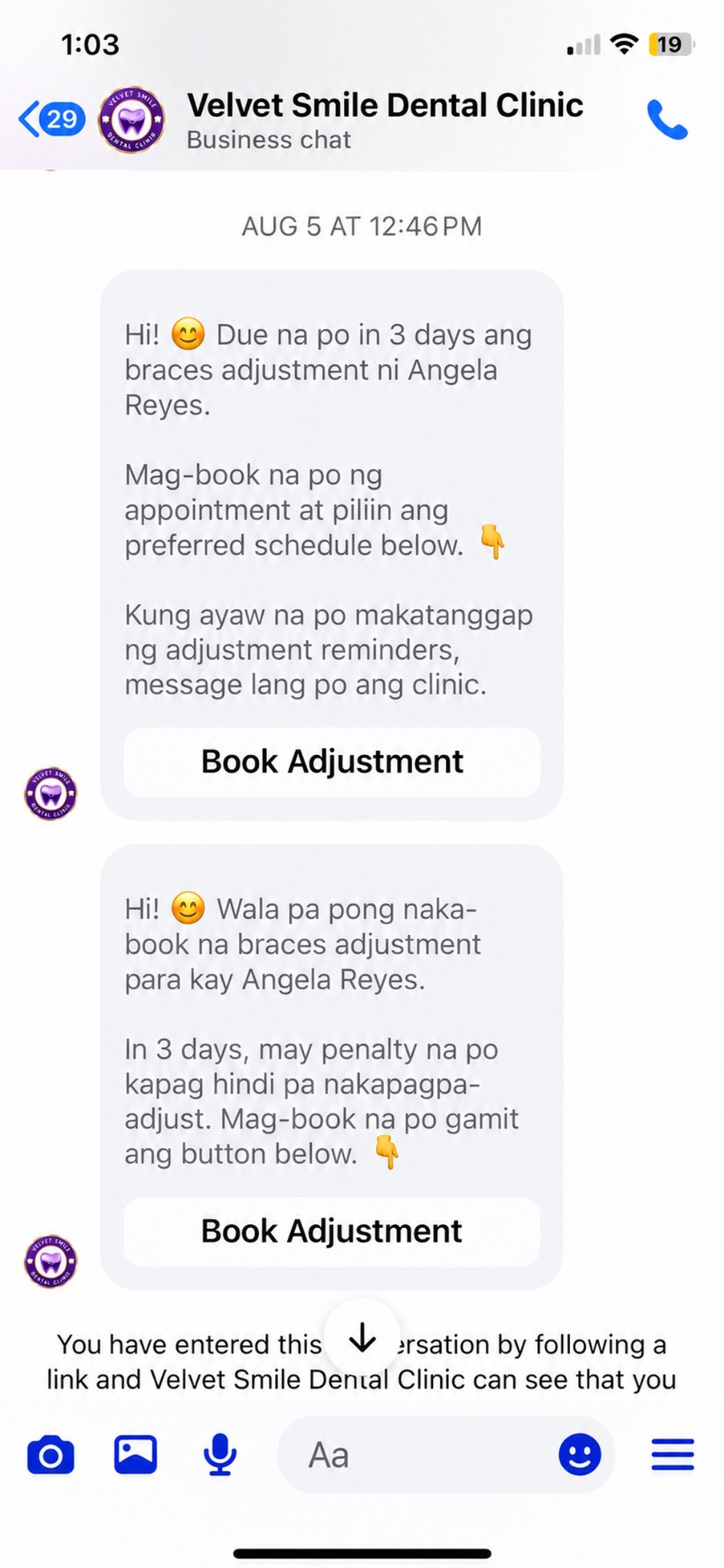 Two real braces adjustment reminders sent by Velvet Smile Dental Clinic in Messenger